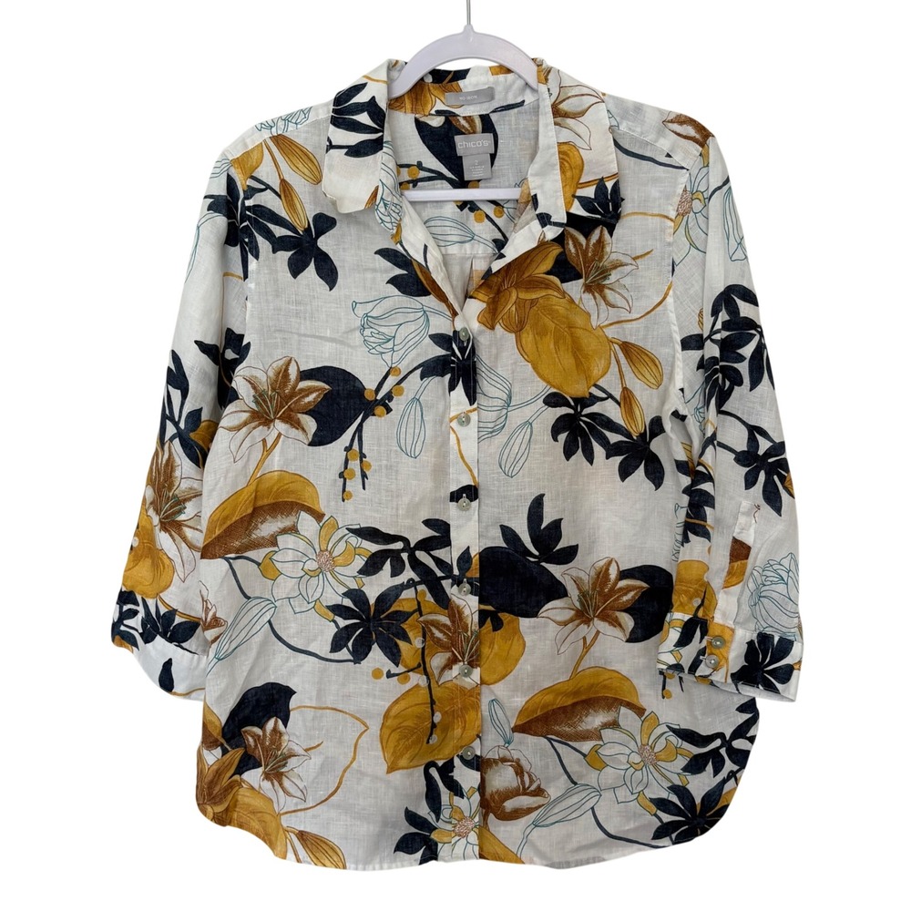 Chicos Linen Floral Shirt Size 2 Large 12/14 Coastal Grandmother Boho Vacation